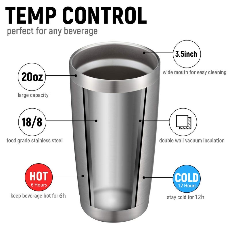 COMOOO 20oz Stainless Steel Tumbler Bulk Double Wall Vacuum Coffee Cup Insulated Travel Mug with Lid and Straw Durable Powder Coated Insulated Coffee Cup for Cold & Hot Drinks (silver, 4 pack - Image 2